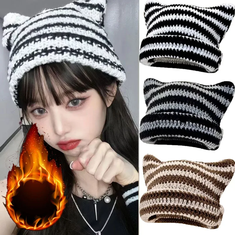 1-5pcs Japanese Style Cute Cat Ear Striped Knit Hat for Women Warm Cozy Soft Pointed Versatile for Couples Winter Cold Weather
