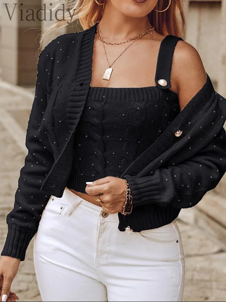 Women Casual Solid Color Rhinestone Decor Buttoned Front Crop Cardigan With Tank Top 2pcs Set