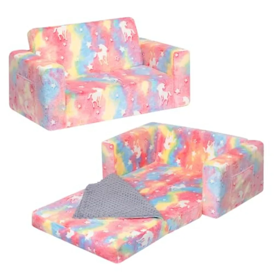 

Fold Out Toddler Couch Extra Wide Comfy 2-in-1 Cuddly Sherpa Sofa for with Removable Baby Friendly Blanket Convertible Sofa to