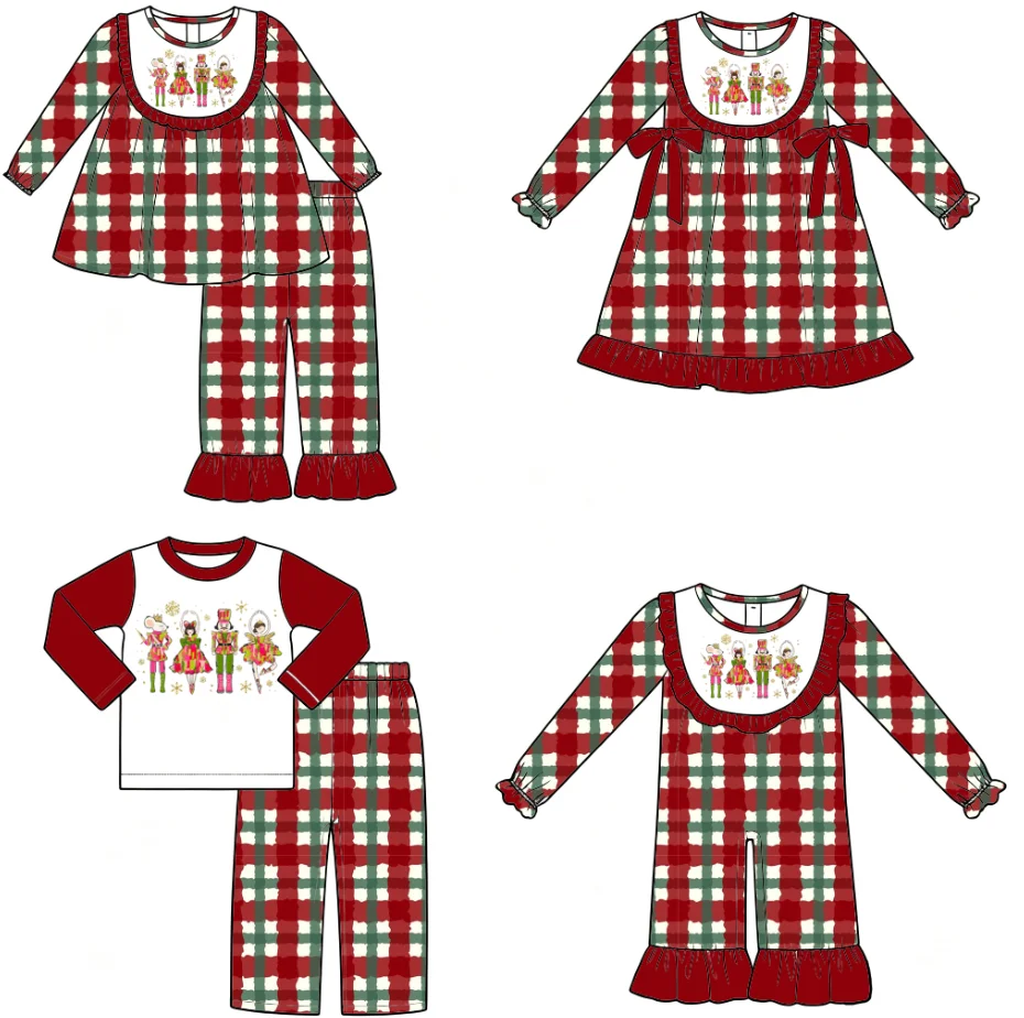 Boutique Kids Sets and Dress Lapel Ruffle Long-sleeved Top and Long Trousers Bow Decoration Christmas Collection Print Custom