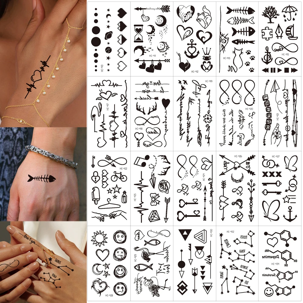 20pcs Black Hand Tattoo for Women Men Waterproof Heart Love Butterfly Moon Stars Fish Fake Tattoo for Hand Fingers Neck Body Art