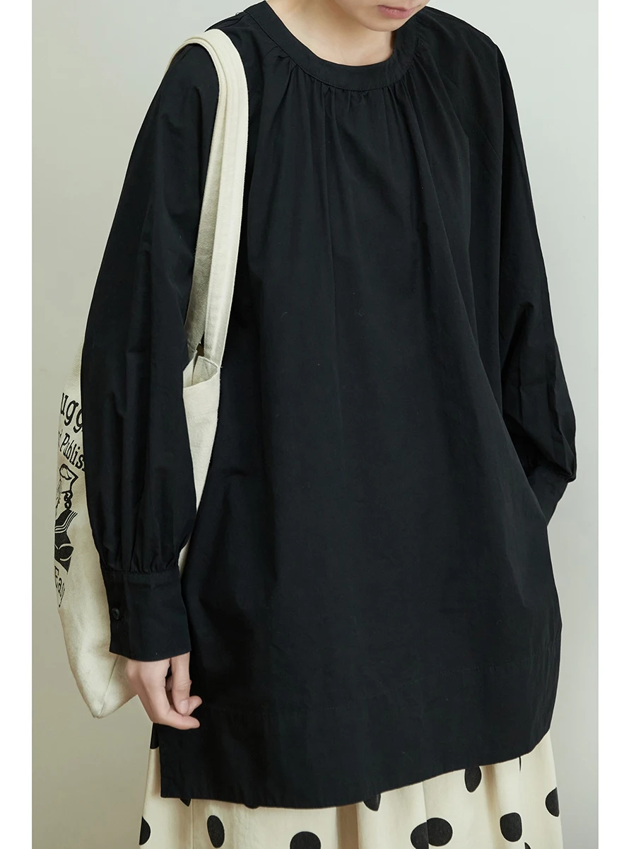 

Loose Cotton irt Long Sve round Ne Design Sensation Japanese Sle Forest System Мягкое покрытие Большая версия White irt