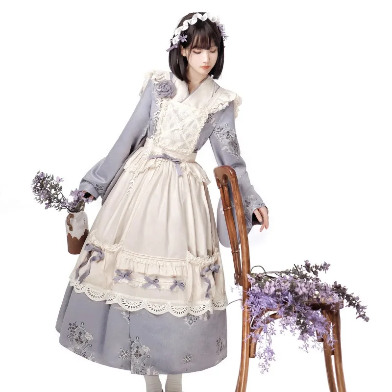 Lolita Dress Traditional Chinese Hanfu Style Purple Long Dresses White Apron 2 Pcs Sweet Retro Costume Full Set for Women - view 3