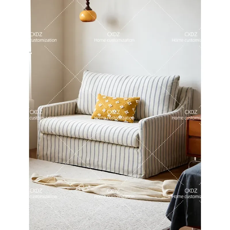 Nordic Simple Removable Washable Fabric Sofa Small Apartment Living Room Straight Double Seat Wabi Sabi Retro Striped Couch