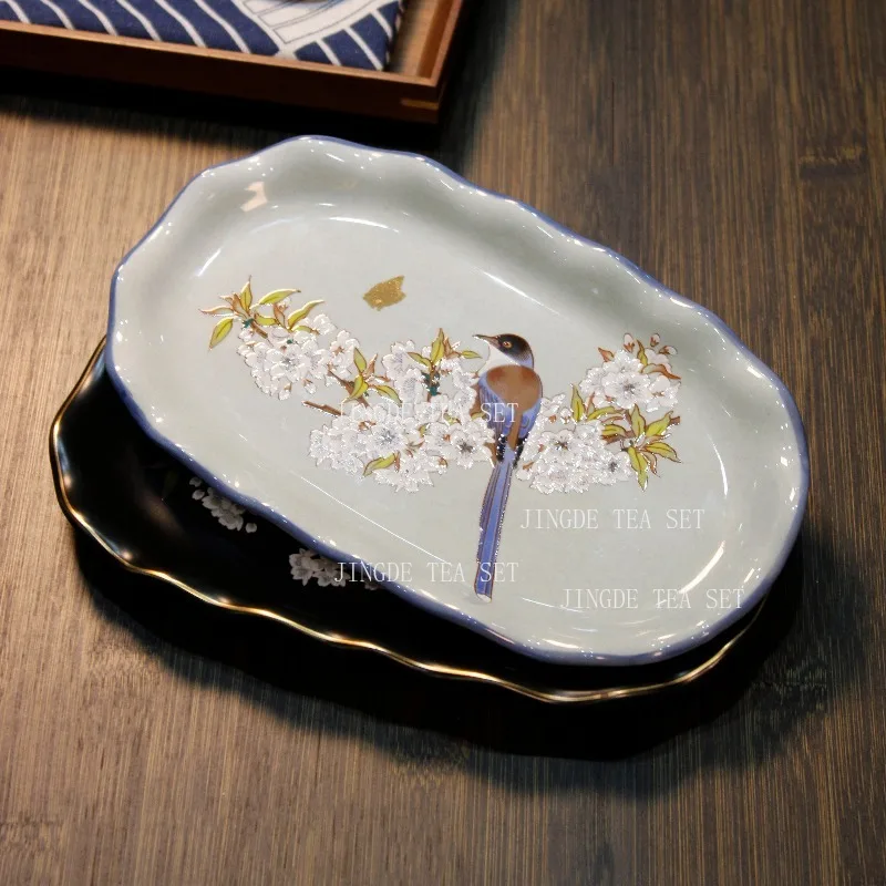 1pc Floral Bird Oval Wave Ceramic Plate Japanese Style Underglaze Color Sushi Serving Dish for Tea Snacks and Home Decor