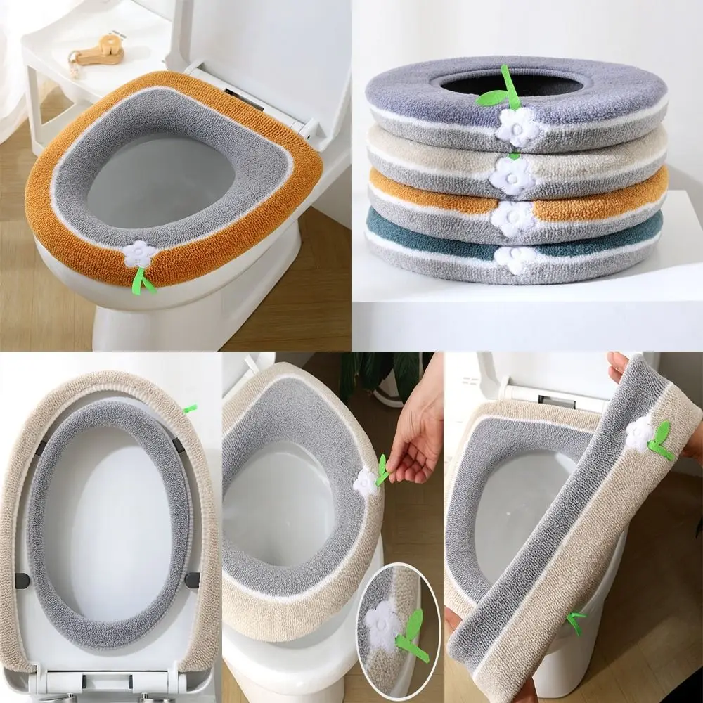 Removable Soft Toilet Seat Cover With Flip Lid Handle Universal Washable Flower WC Ring Mat Winter Warm Toilet Cover Cushion