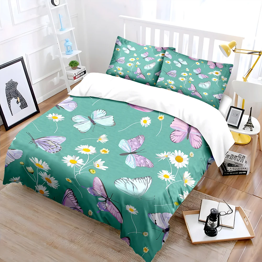 Butterflies and daisies print Bedding Set for Kids Luxury Gift 3pcs Digital Print Comforter Set Soft Comfortable Breathable