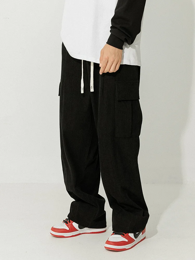 Men Corduroy Casual Trousers Spring Vintage Loose Cargo Pocket Cuffed Design Long Pants