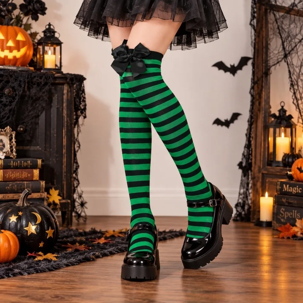 Striped Over Knee Stockings Warm Lolita JK Christmas Long Stockings Bowknot Decor Cotton Soft Thigh High Socks Stage Performance