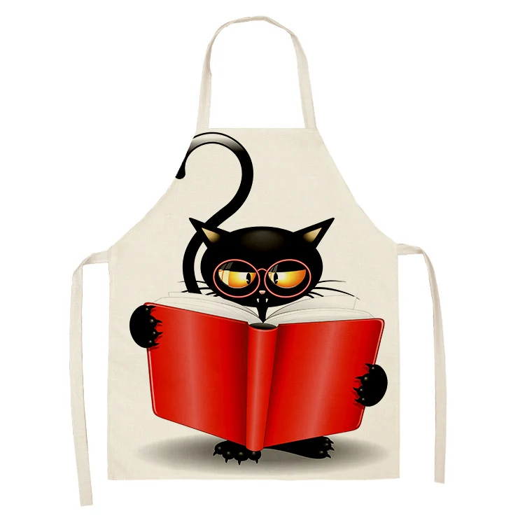 1Pcs Black Cute Cat Pattern Kitchen Sleeveless Aprons Cotton Linen Bibs 55*68cm Household Women Cleaning Pinafore Home Cooking