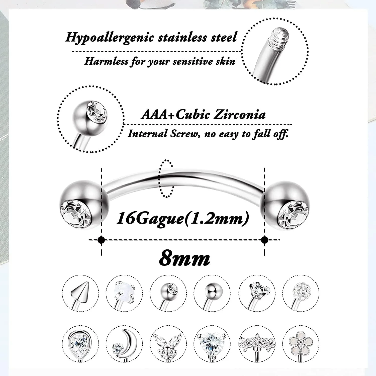 Bobisty 1PC Stainless Steel Curved Barbell Piercing Belly Rings for Women Men Eyebrow Daith Cartilage Helix Belly Button 8mm 16G