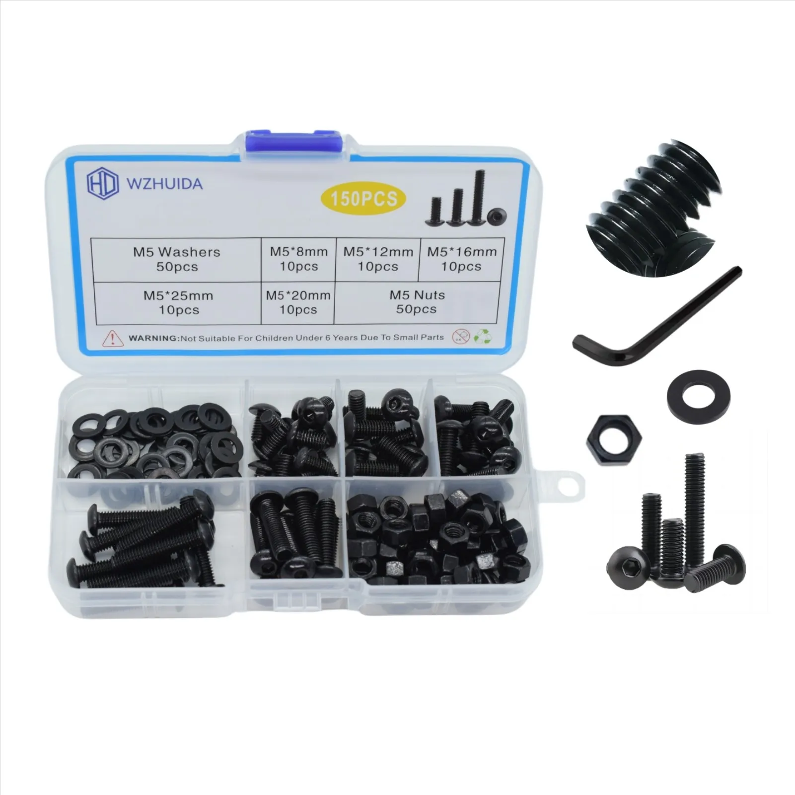 WZHUIDA M5*8/12/16/20/25mm Hexagon Hex Socket Screws Nuts Kit  with 1 Hex Wrench 150 Pcs M5 Button Head Allen Bolts ISO7380