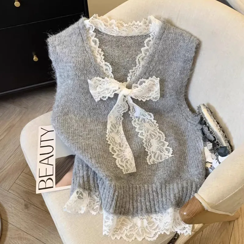 

Small French Knitted Sweater Spliced Lace Stitching Tie Up Vest Women'S Spring Autumn New Bow Tops V Neck Vest Sweet Waistcoat
