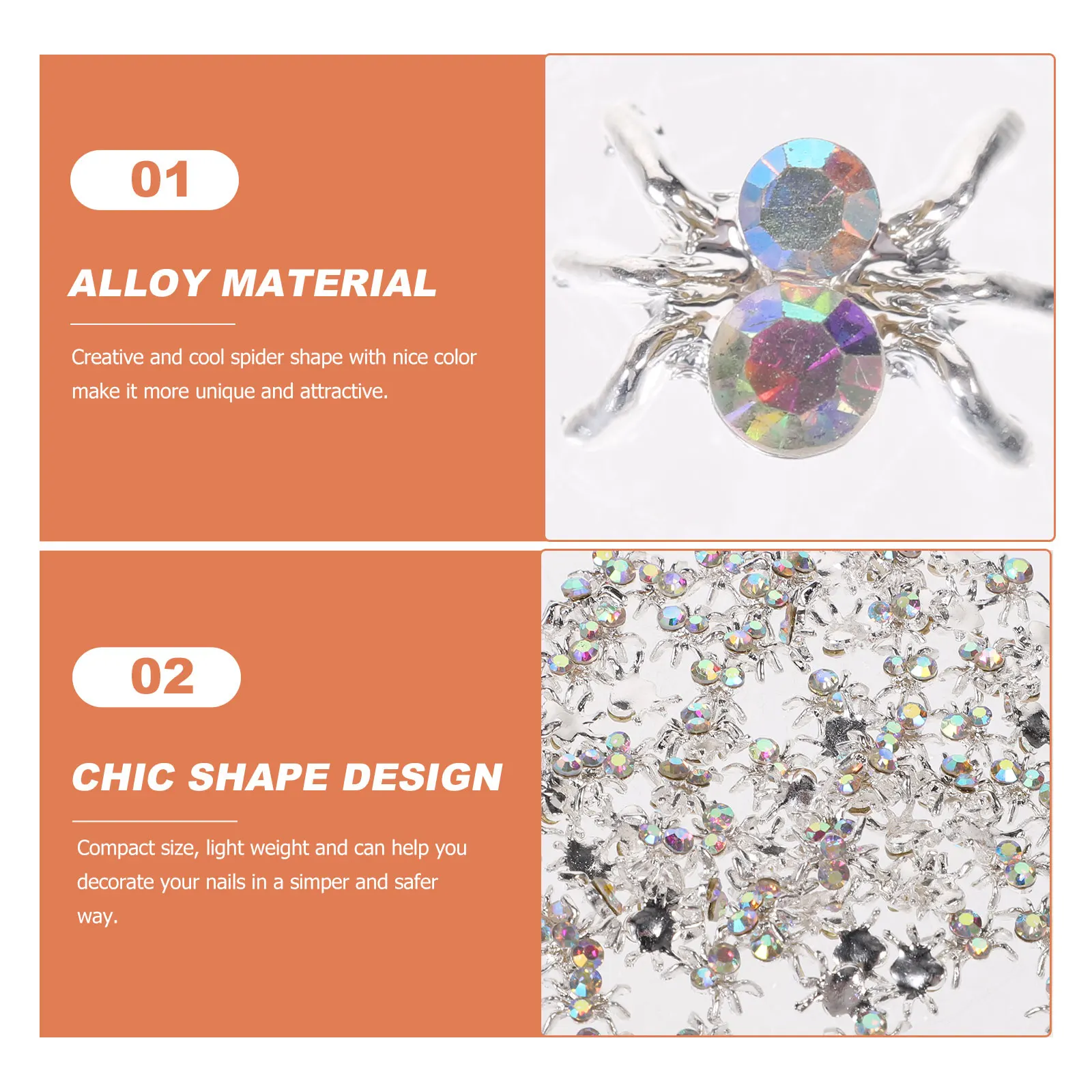 

100 Pcs Spider Nail Art Charms Manicure Decorations Gothic Alloy Crystal Accessories for Halloween Christmas Party