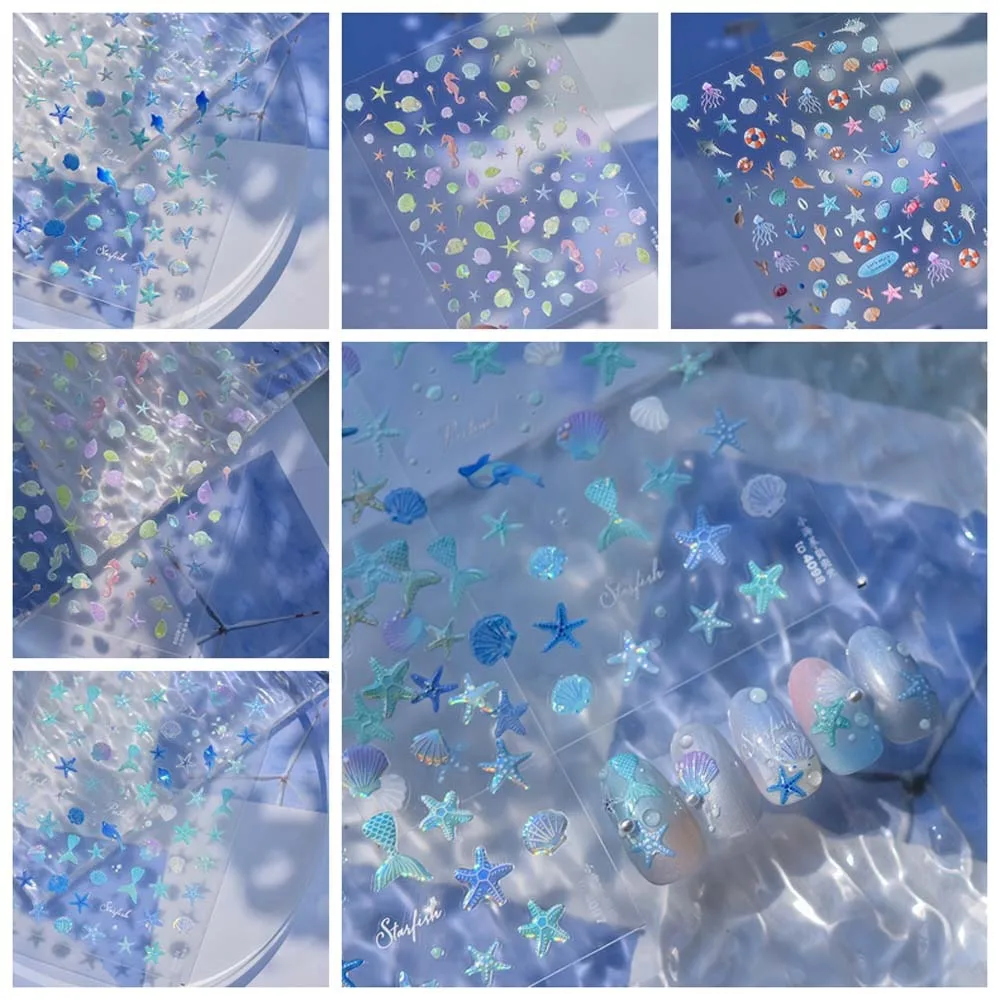 Blue Green Ocean Nail Stickers Shiny Glass Dolphin Sea Jellyfish Jelly Ocean Nail Decals Conch Star Nail Accessories