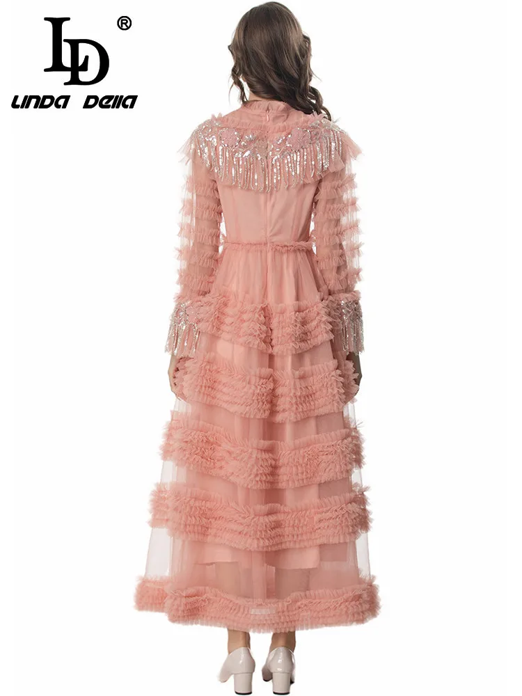 LD LINDA DELLA 2024 New Style Runway Designer Dress Women\'s Vintage Elegant Net Yarn Sequins Tassel Cascading Ruffle Dresses