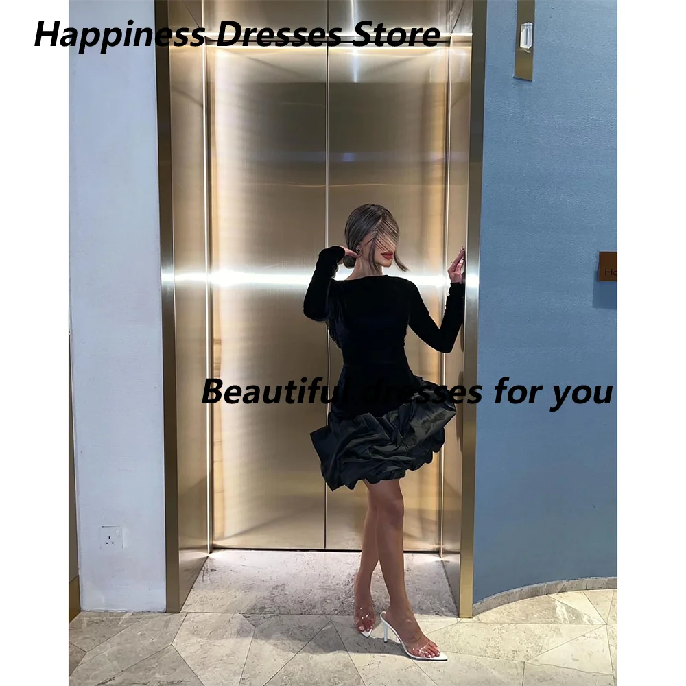 

Black Short Prom Dress Customized Long Sleeve Mini Pleat A Line Evening Dress Tassel Opne Back Cocktail Party Dress Custom Color