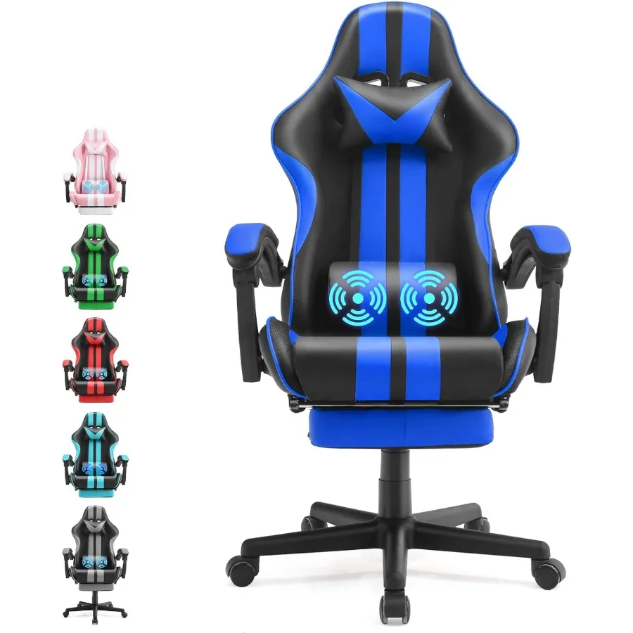 كرسي ألعاب إصدار السباق باللون الأزرق الداكن مع مسند قدم قابل للتعديل ووظيفة تدليك للبالغين والمراهقين مثالي لألعاب الكمبيوتر الشخصي #1