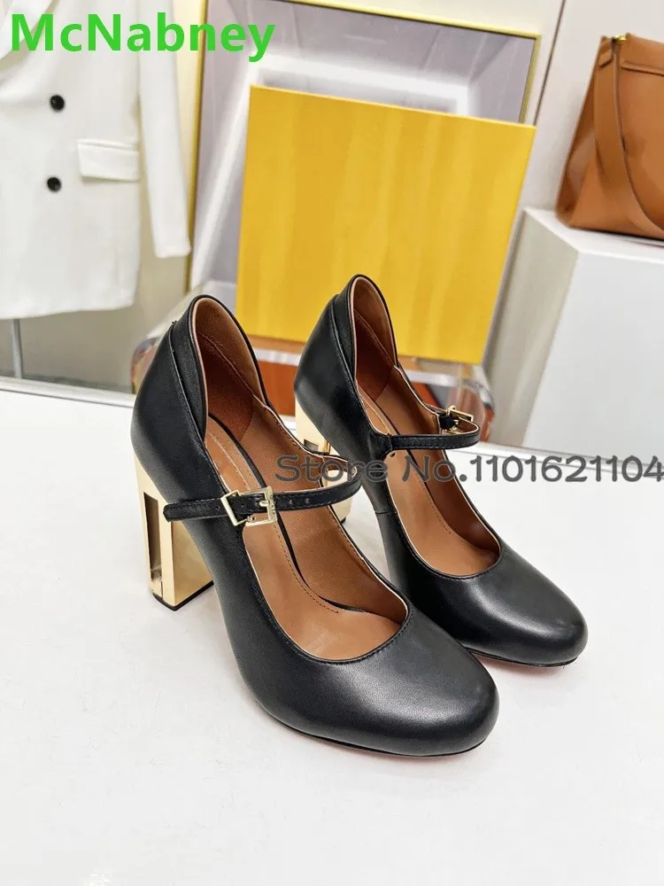 Round Toe Metal Strange Heel Pumps For Female Women 2024 Autumn New Leather Fabric Ankle Buckle Strap Shallow Elegant Shoes