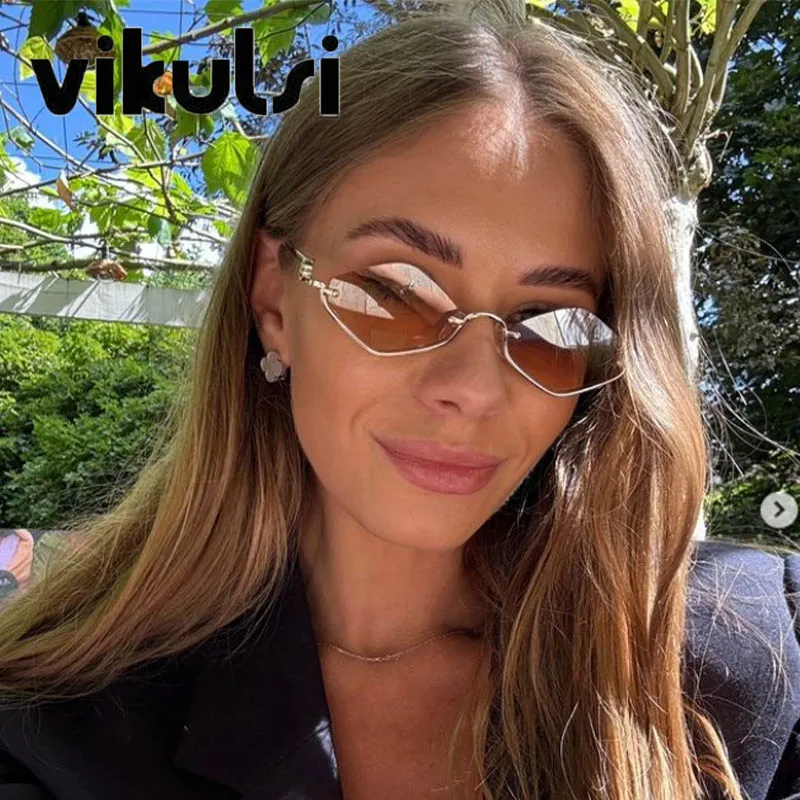 2024 Rimless Cat Eye Sunglasses New Stylish Multicolor Women Gradient Shades Trendy Vintage Rhombus Ocean Lenses Eyewear UV400