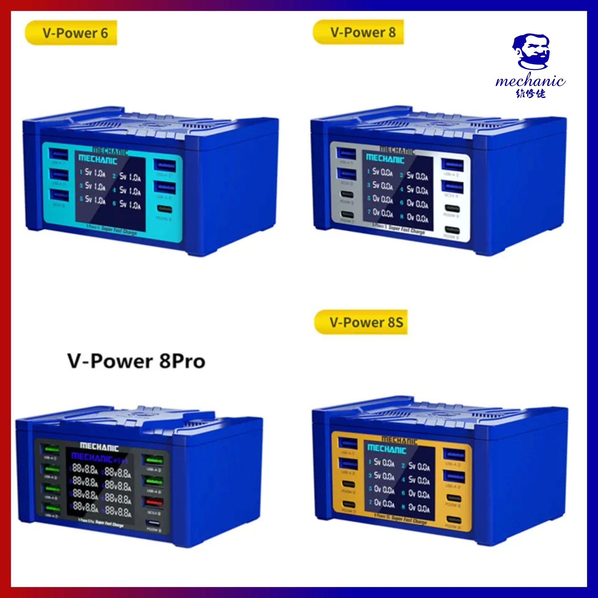 

MECHANIC V-Power 6 8 8S 8Pro Multi-port Super Fast Charger with QC3.0 PD USB Charging Port Phone Watch Quick Charging Tool