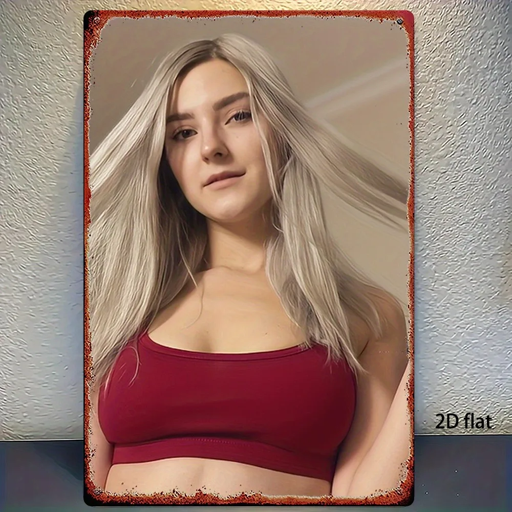 Red Crop Top Blonde Woman Vintage Metal Tin Sign Wall Art Decor