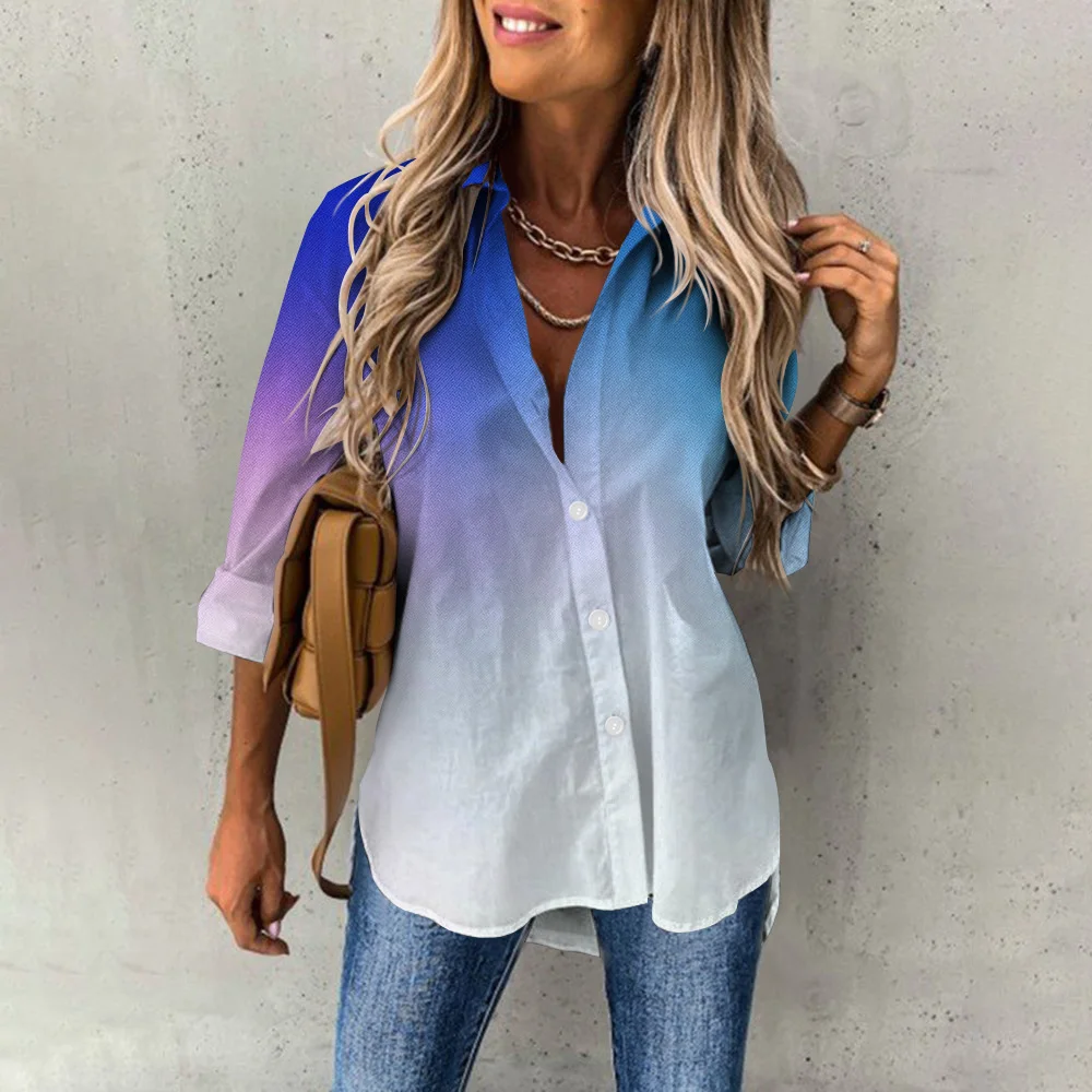 Elegant Button Lapel Cardigan Tops Leisure Shirts Gradient Print Womens Blouses Lady Loose Long Sleeve Shirt Women\'s Blouses