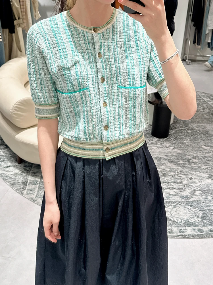 

High-End Summer 2025 Women's Knitted Stripe Pattern Embroidery Open Cardigan Jaet Simple Commute Sle Regular Fit ort Sl...