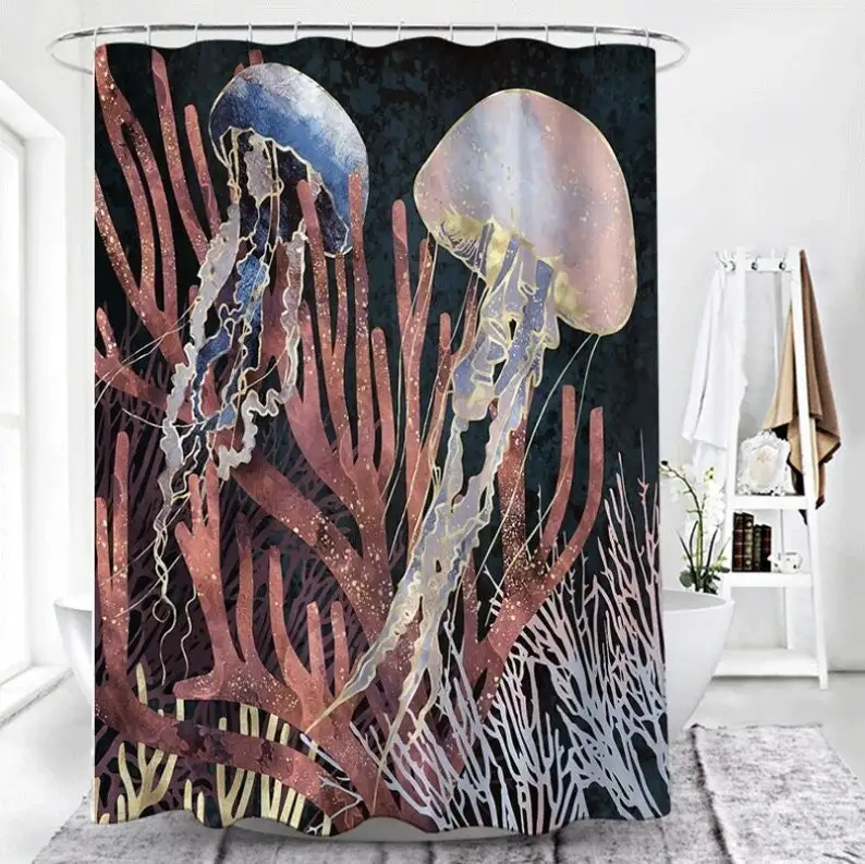 

Jellyfish Coral Shower Curtain Aesthetic Art Bath Curtain Modern Shower Curtain Set With Hooks Waterproof Fabric Curtain