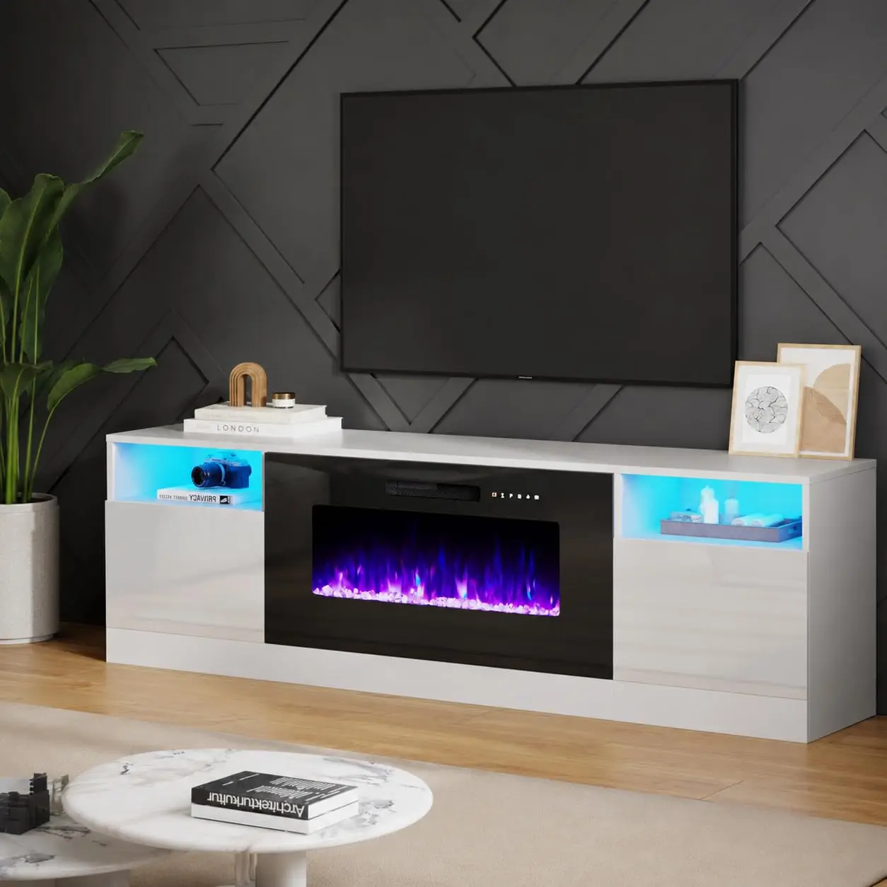 

TV Stand with Fireplace, LED Light Entertainment Center with 36" Electric Fireplace, 70" Modern Wood Entertainment, Custom
