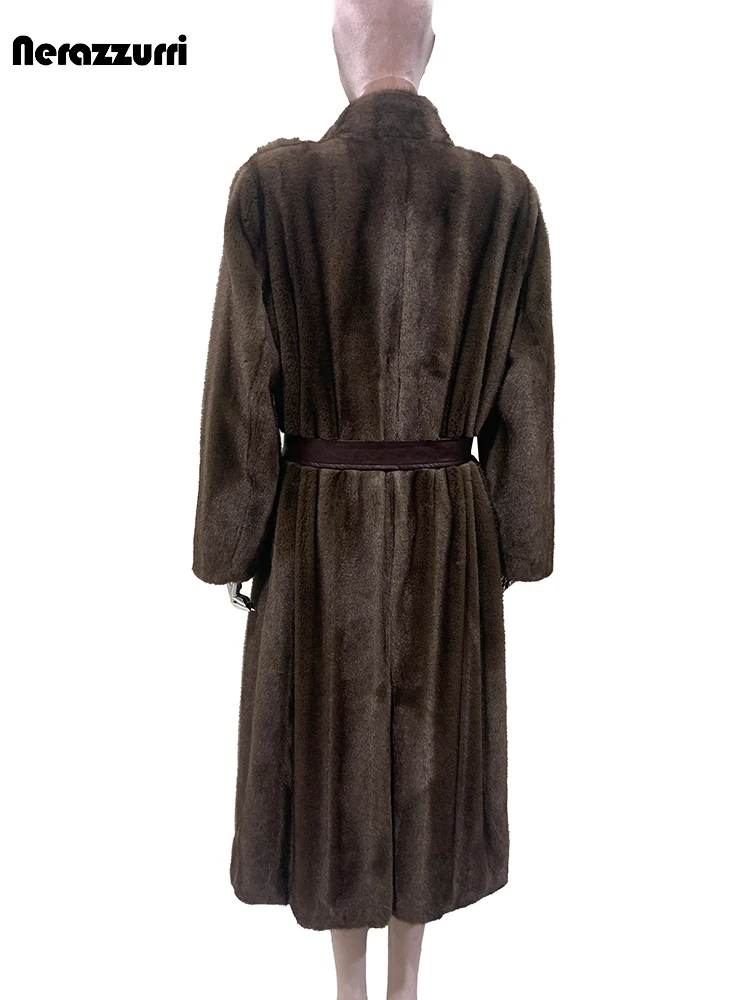 

Nerazzurri Autumn Winter Long Warm Soft Fluffy Brown Faux Mink Fur Coat Women with Pu Leather Sashes Luxury Designer Clothing