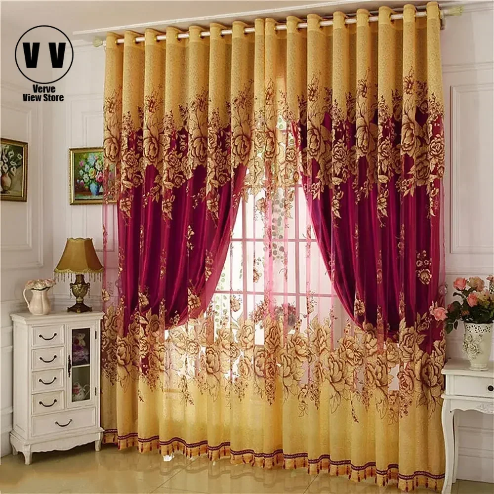 

1 Panel 140cm Width European Double Layer Curtain for Living Room Peony Flower Curtain for Bedroom Luxury Curtain