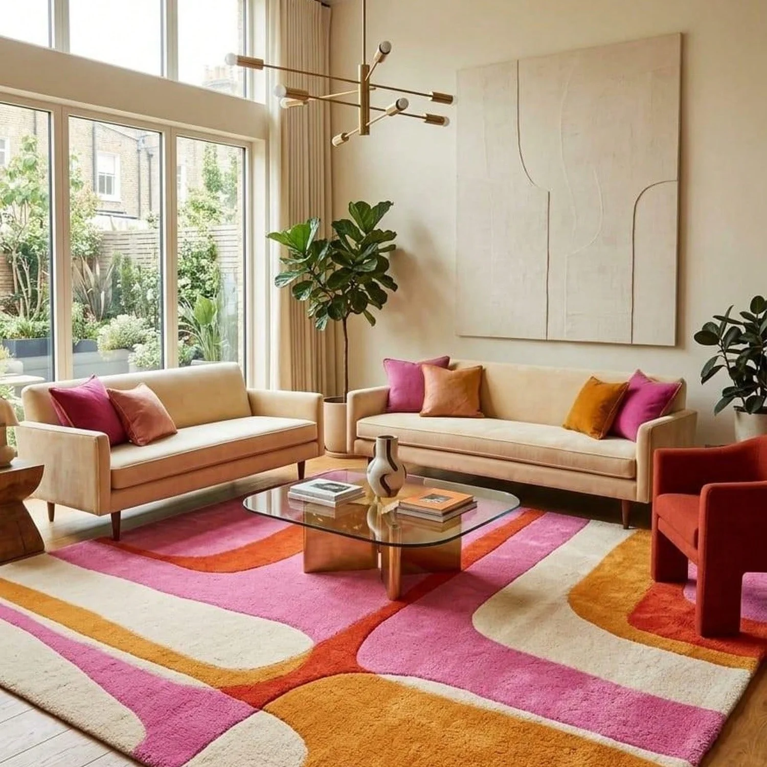 70S Retro Style Carpet, Pink and Orange Abstract Geometric Pattern Wool Carpet, Mid-Century Style, Dopamine Living Room Floor Art Bedroom Carpet.