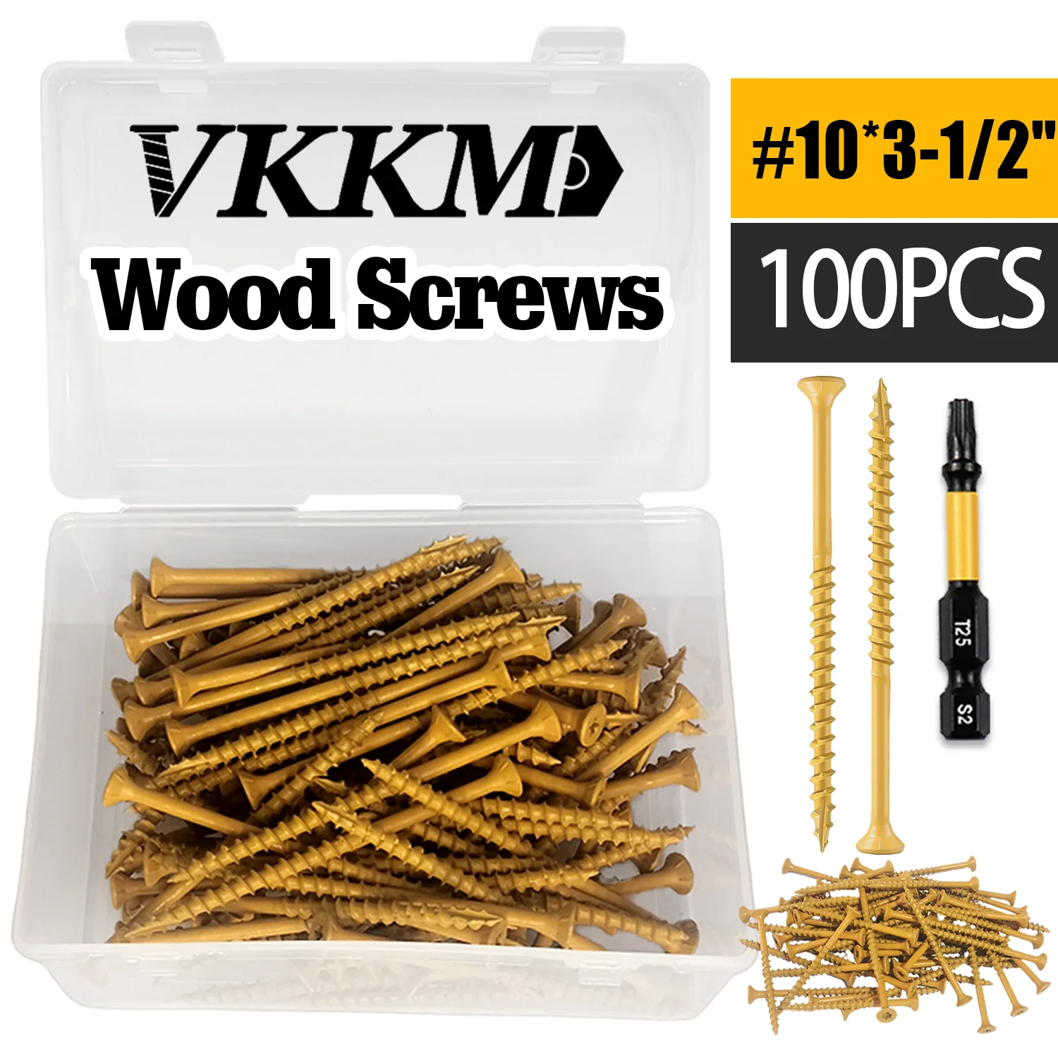

VKKM Deck Screws 3-1/2 Inch, Wood Screws #10 x 3-1/2", 100 PCS, Rust Resistant Coated, T25 Screws, T25 Star Bit Included, Tan