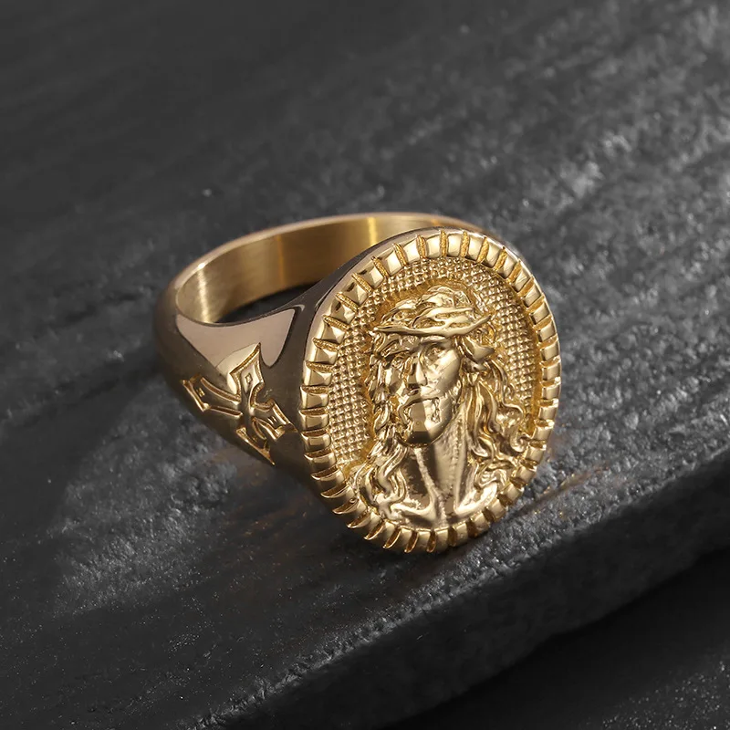 Stainless Steel Vacuum Electroplated Gold Jesus Cross Men's Ring