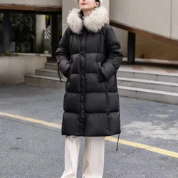 Women's Down Jacket Fur Collar Hooded Mid-length Winter New Windproof Thick Jacket Luxury Replica Puffer Coats 2024