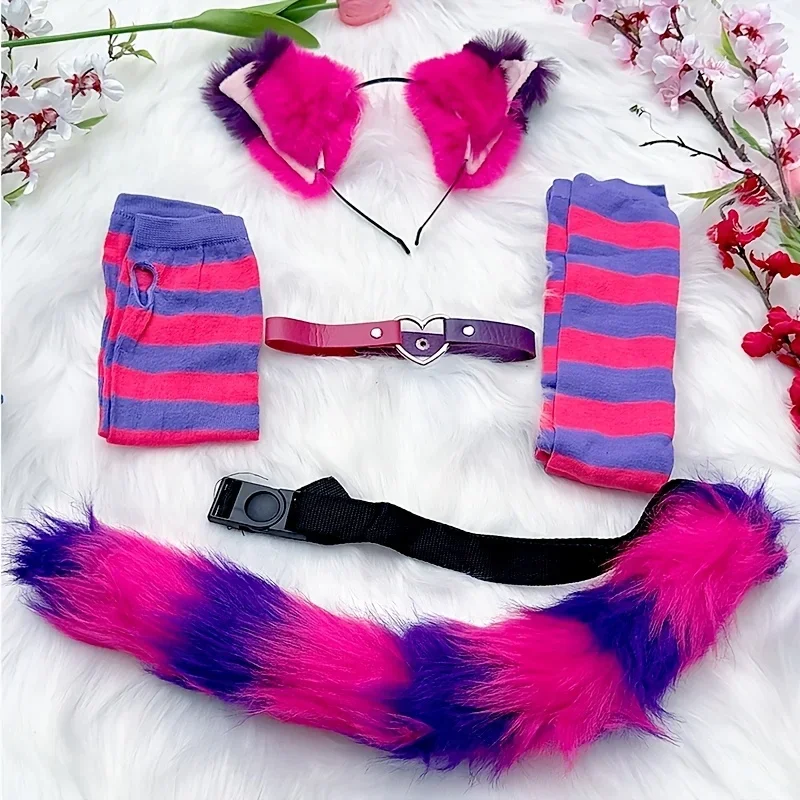Adult Women Cosplay Cat Ears Tail Set Halloween Fox Wolf Ear Headband Artificial Fur Tail Accessories Animal Costume Party Prop