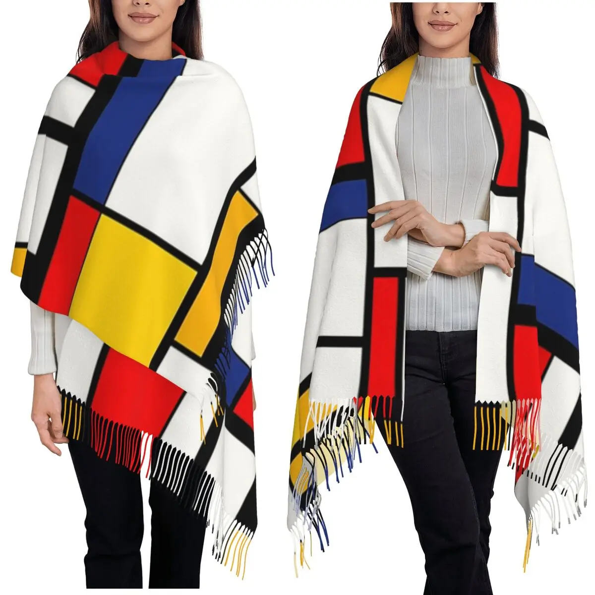 Funny Piet Mondrian Minimalist De Stijl Modern Art Scarf Tassel Scarves Women Shawls and Wraps Large Fall Winter Shawl Wrap