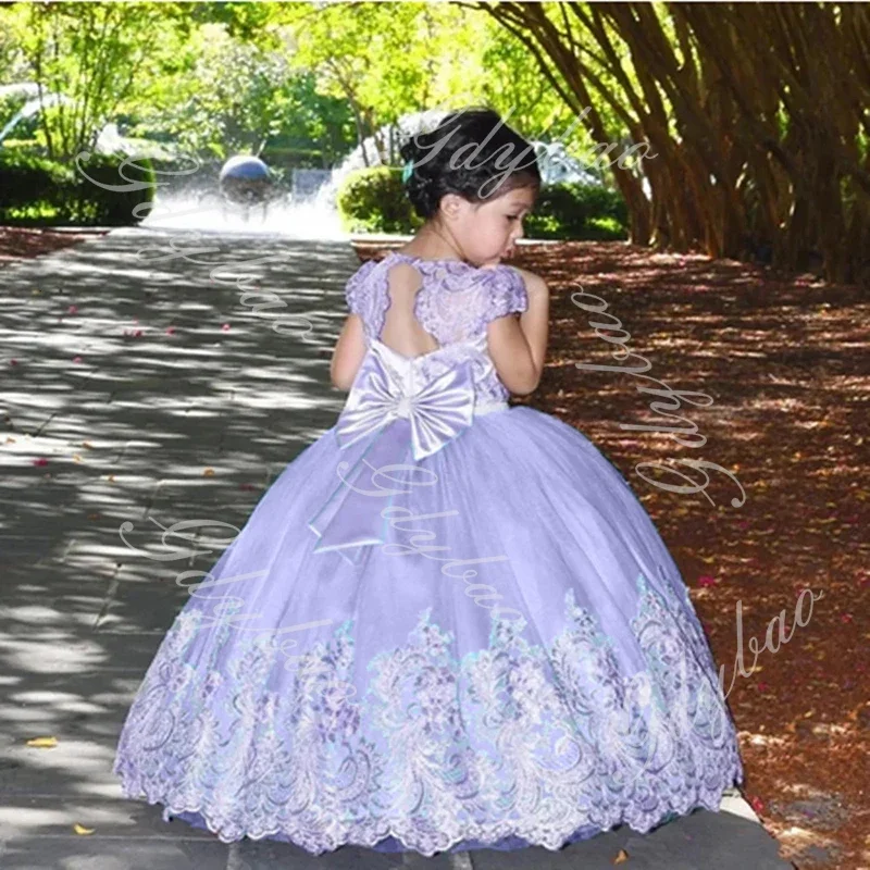 Cute Lace Flower Girl Dresses for Wedding Little Girls Lavender Bow Puffy Tulle Pageant First Communion Birthday Party Ball Gown