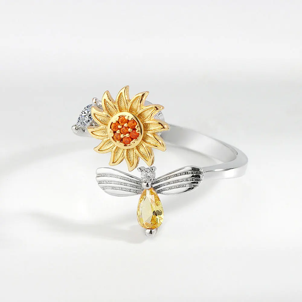 

Personalise 925 Silver Custom Name Sunflower Spinning Ring Anxiety Bee Rotating Ring Women's Jewelry Gift For Mom Daughter