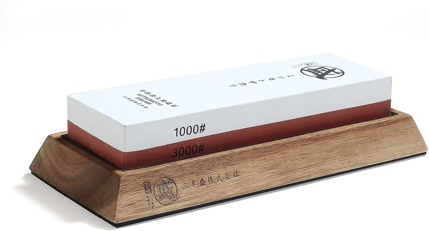 

Профессиональный двусторонний точильный камень 1000/3000 грит, с нескользящей деревянной подставкой для заточки кухонных ножей