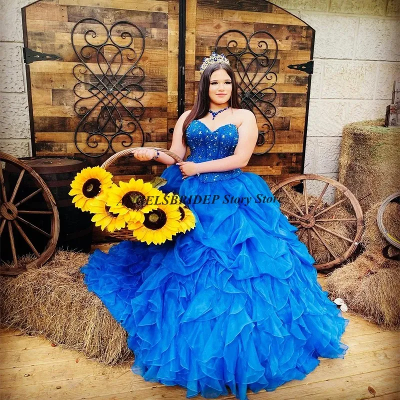 ANGELSBRIDEP New Blue Quinceanera Dresses Sweetheart Crystal Beading Tiered Pleat Skirt Charro Quinceanera Ball Gown 15 Vestidos