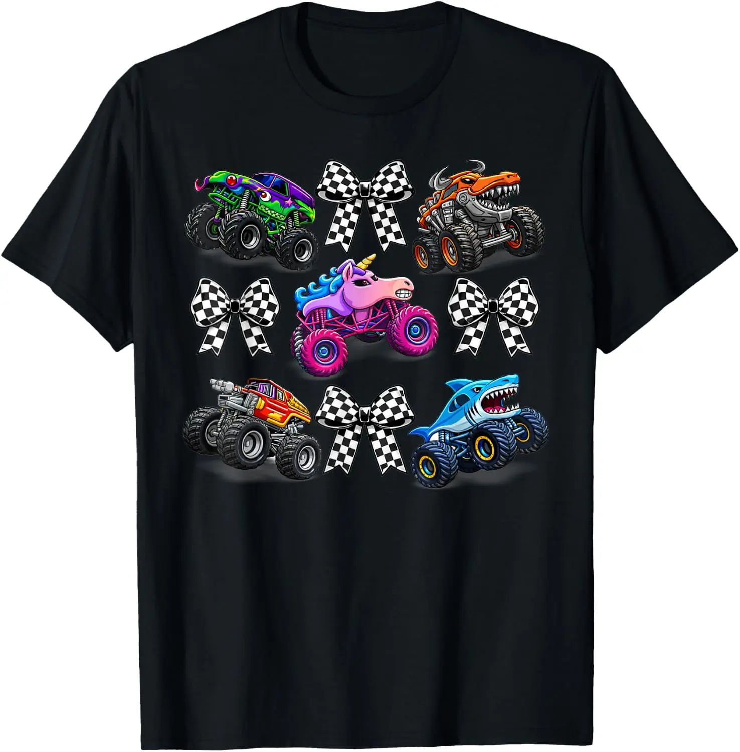 Cute Monster Truck Checkered Bows Racing Family Kids T-Shirt