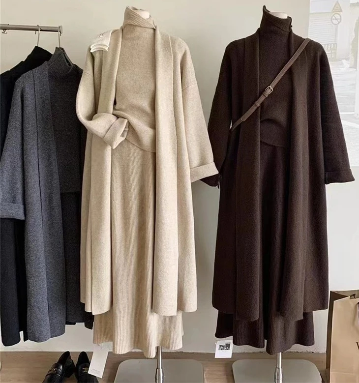 

Casual Knitted Sweater Set Women's Autumn/Winter New High Collar Tank Top Half Body Long Dress Three Piece Set