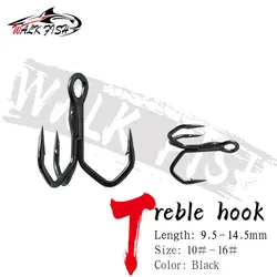 WALK FISH 10PCS Black Color Treble Hook High Strength Hooks 10# 12# 14# 16# High-Carbon Steel Saltwater Fishing Hook