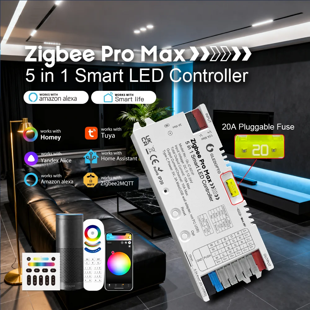 Controlador inteligente GLEDOPTO ZigBee Pro Max 5 en 1, 15A RGBCCT/RGBW/RGB/CCT/Dimmer, puerto tipo C, funciona con Philips Hue, Alexa, Goo