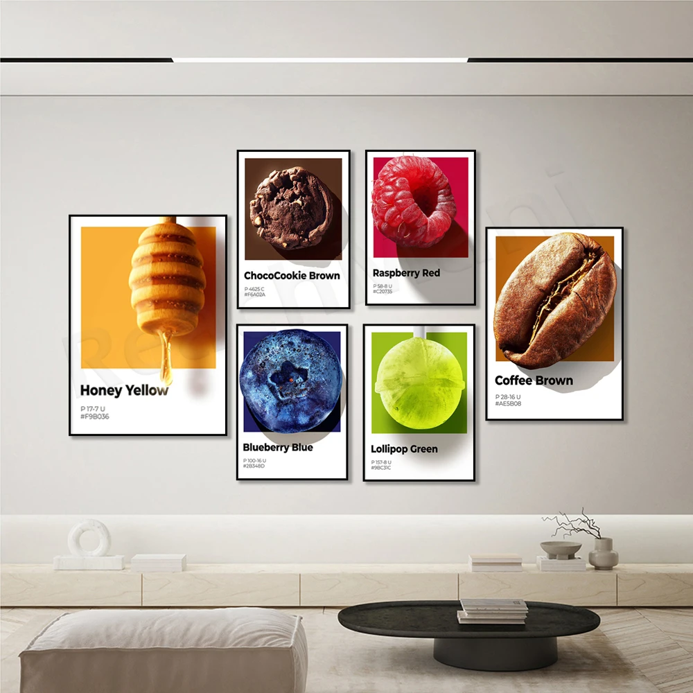 Pantone color print, honey, biscuit, coffee, blueberry, raspberry, lollipop, aesthetic modern poster, macro photography art