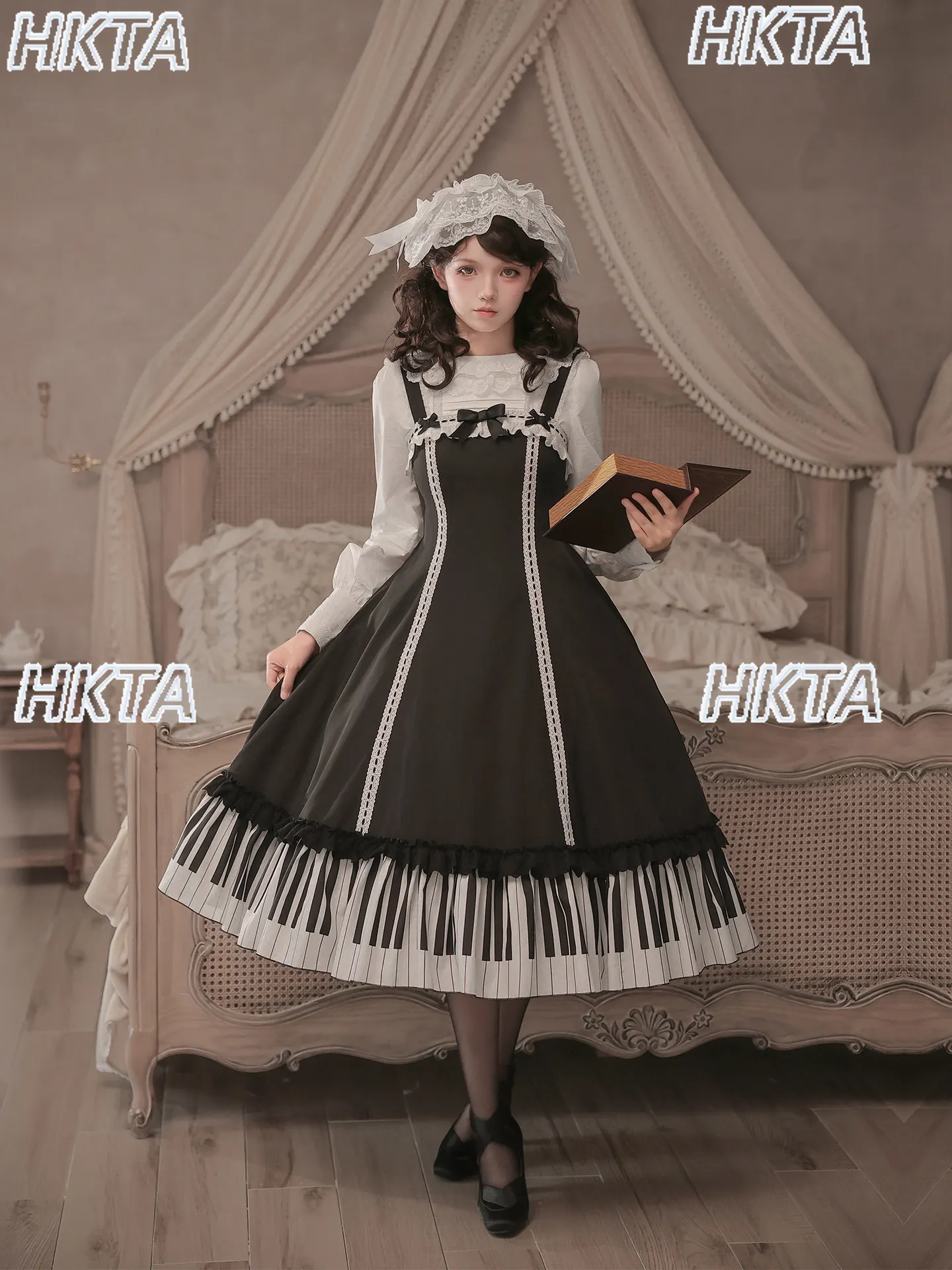 Japanese Retro Lace Bow Print Lotus Leaf Edge Waist Contrasting Dress Jsk Long Sleeve Shirt White Top Autumn Lolita Suits Women