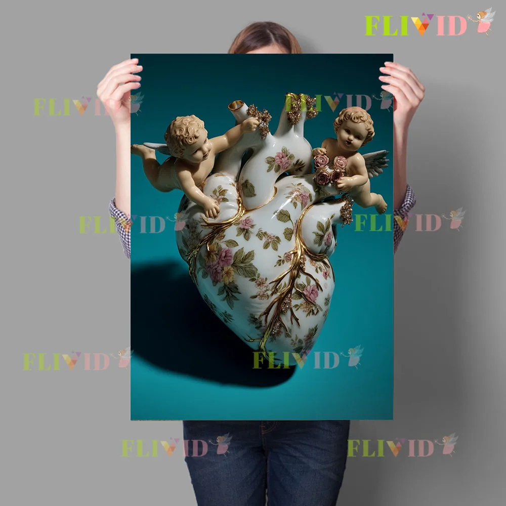 Romantic Cherub Angel Floral Human Heart Canvas Print Rococo Ceramic Style Anatomy Heart Artwork Unique Wall Picture Poster Art