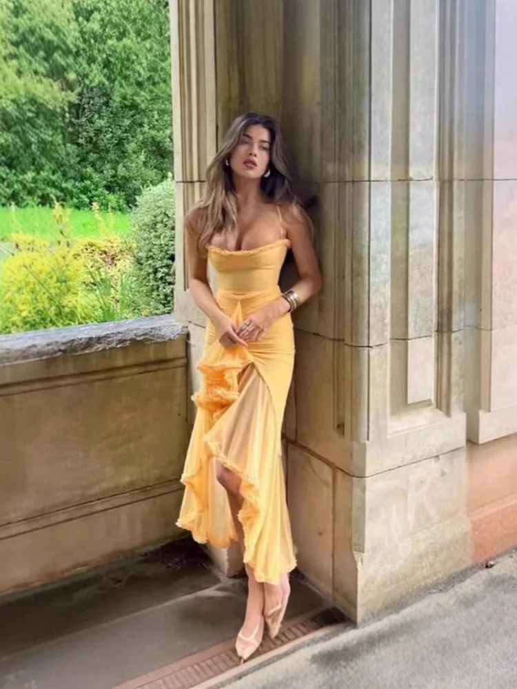 

SKMY New Sexy Party Dresses Fashion Ruffles Patchwork Slim Fit Spaghetti Strap Vacation Outfits Y2k Clothes Women Long Dresses